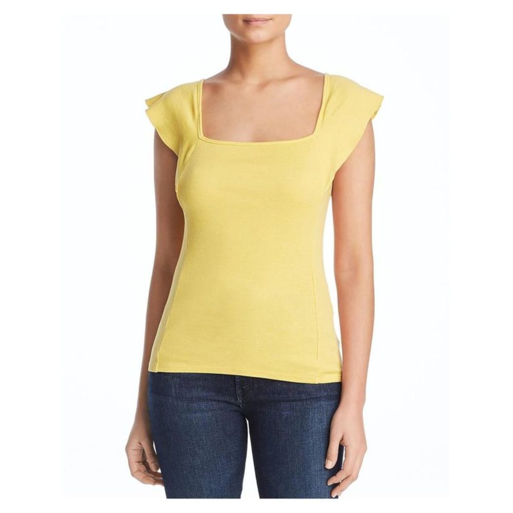 THREE DOTS Womens Yellow Knit Flutter Sleeve Square Neck Top XS